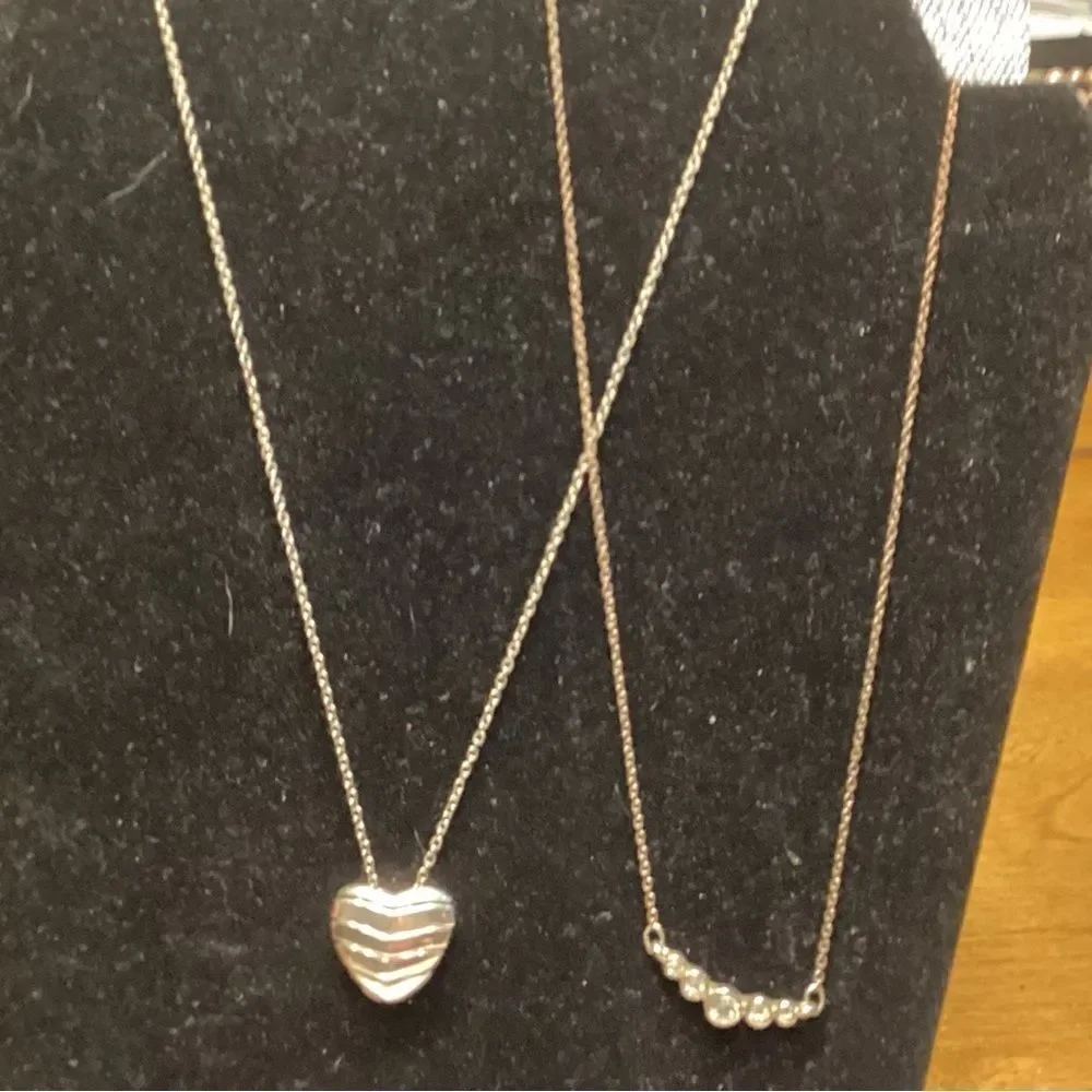 Two  Necklaces Silvertone Chain w/Heart and Coppertone Chain with Faux Crystals